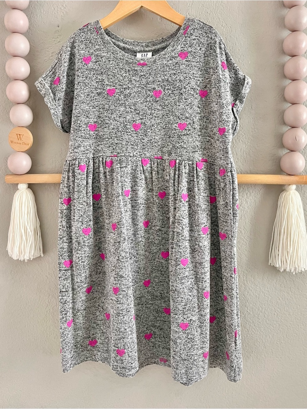 GAP Gray Knit Dress with Hot Pink Heart Print